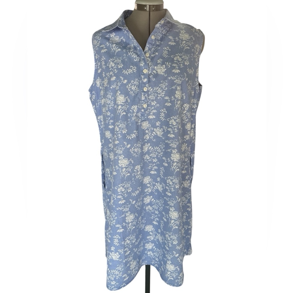 IB Diffusion Womens Blue White Floral Cotton Sleeveless Shirt Dress Pockets L